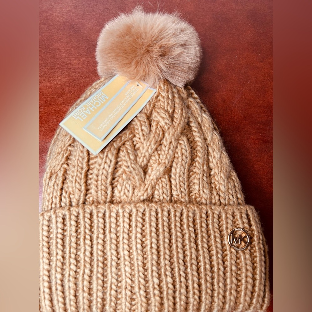 Michael Kors Camel Knit Beanie with Pom